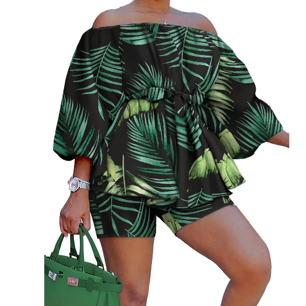 2 Piece Outfits for Women Sexy Off Shoulder Long Sleeve Plus Size Tops High Waisted Bodycon Shorts Set