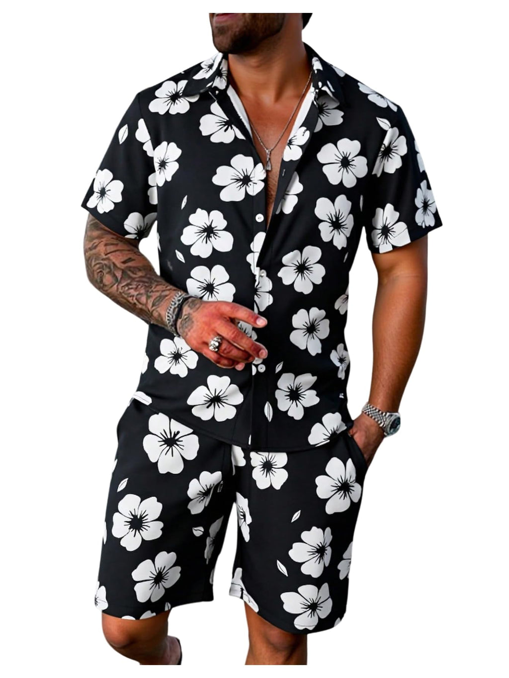 GORGLITTER Men's Cruise Rave Vacation Matching Outfits 2 Piece Short Sets | Mens Summer Beach Outfits, 2 Piece Shorts Set, Couples Travel Outfits, Hawaiian Shirts
