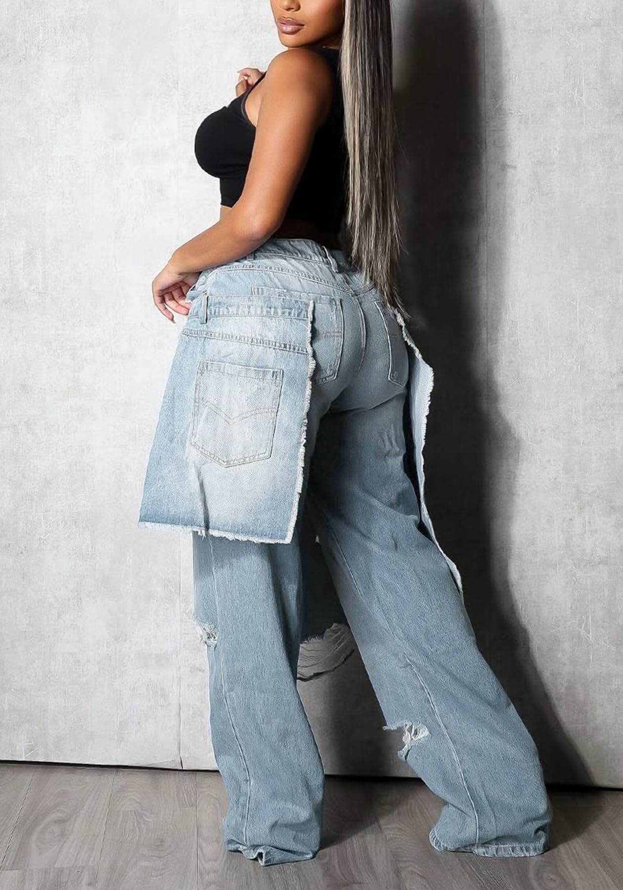 LKOUS Women's Ripped Baggy Jeans High Waist Wide Leg Patchwork Streetwear | Distressed, cutout, Y2K, hip hop, stretchy, soft, pocket, casual, concert, vintage. Machine wash