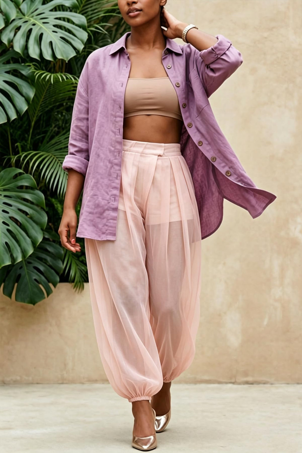 Molisry Women Sheer Mesh Pants Bubble Tulle Patchwork Pants Balloon Trouser | Loose Fit Cover Up Trousers,Built In Shorts Lining