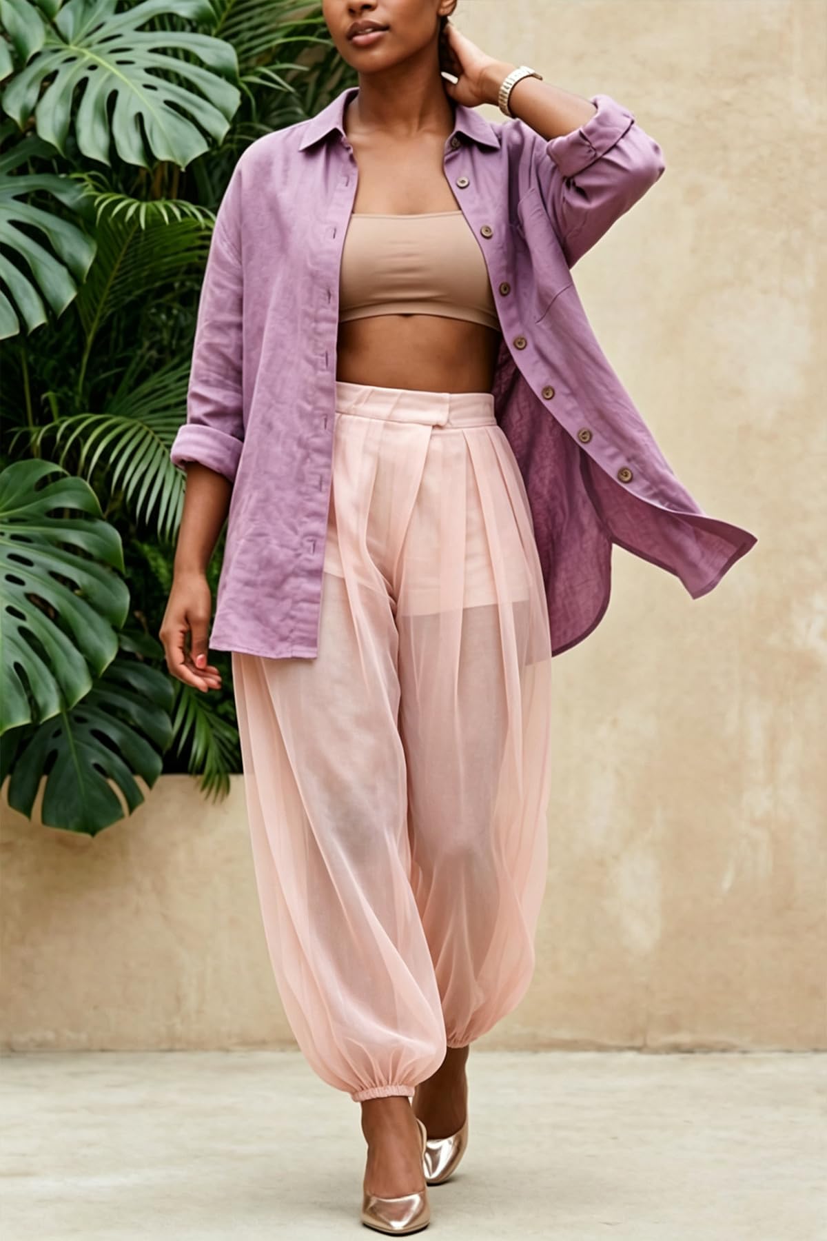 Molisry Women Sheer Mesh Pants Bubble Tulle Patchwork Pants Balloon Trouser | Loose Fit Cover Up Trousers,Built In Shorts Lining