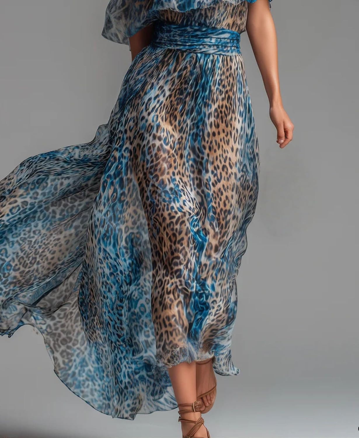Women's Leopard Print Off the Shoulder Maxi Dress Short Sleeve Ruffle A Line Resort Maxi Dress Vacation Beach Party