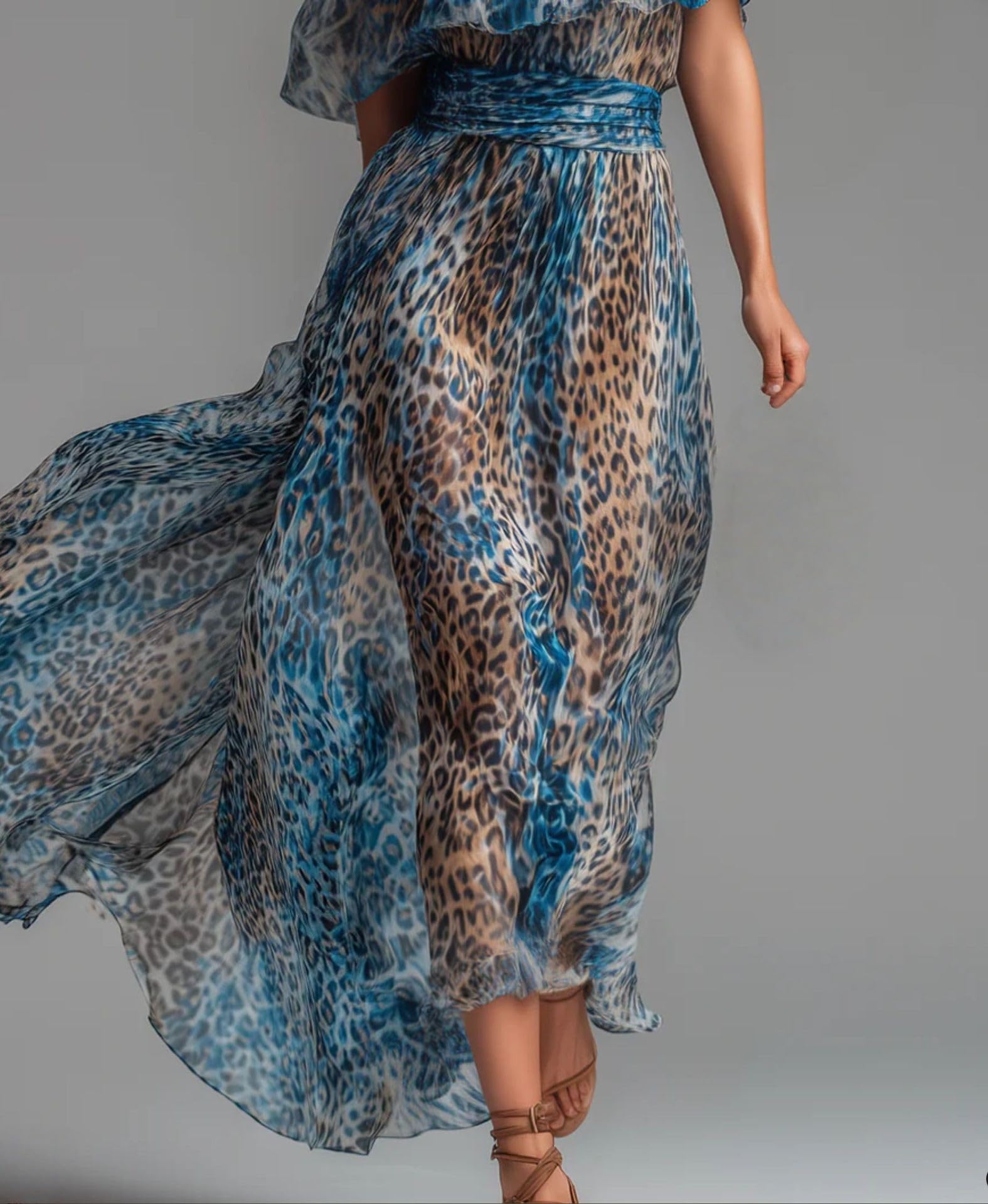 Women's Leopard Print Off the Shoulder Maxi Dress Short Sleeve Ruffle A Line Resort Maxi Dress Vacation Beach Party
