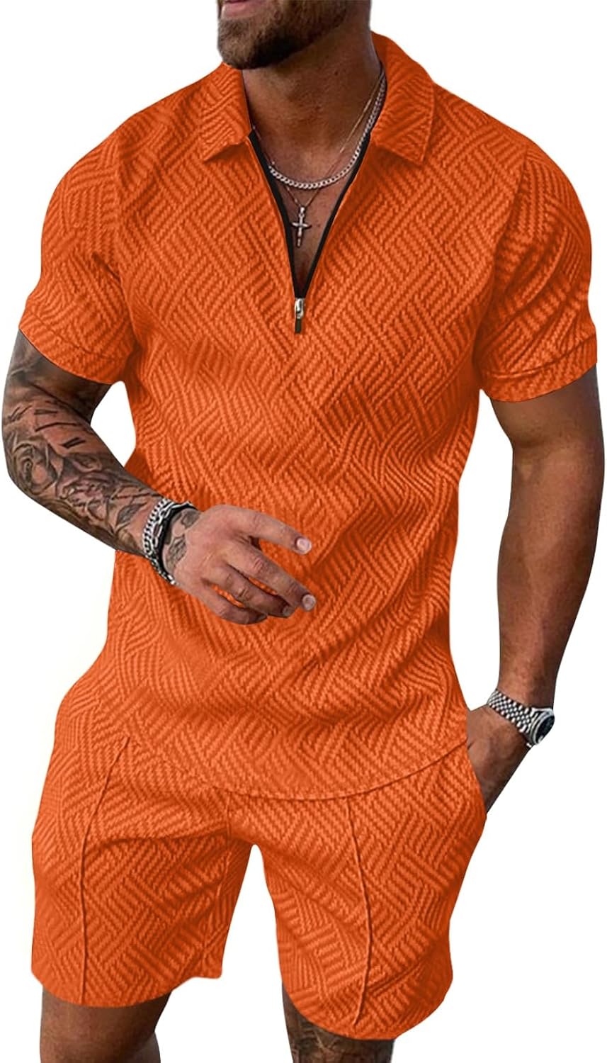 Aulemen Mens 2 Piece Zip Tracksuit Short Sleeve Set Summer Outfits for Men | Polo Shirt and Shorts Sets Activewear Short Set
