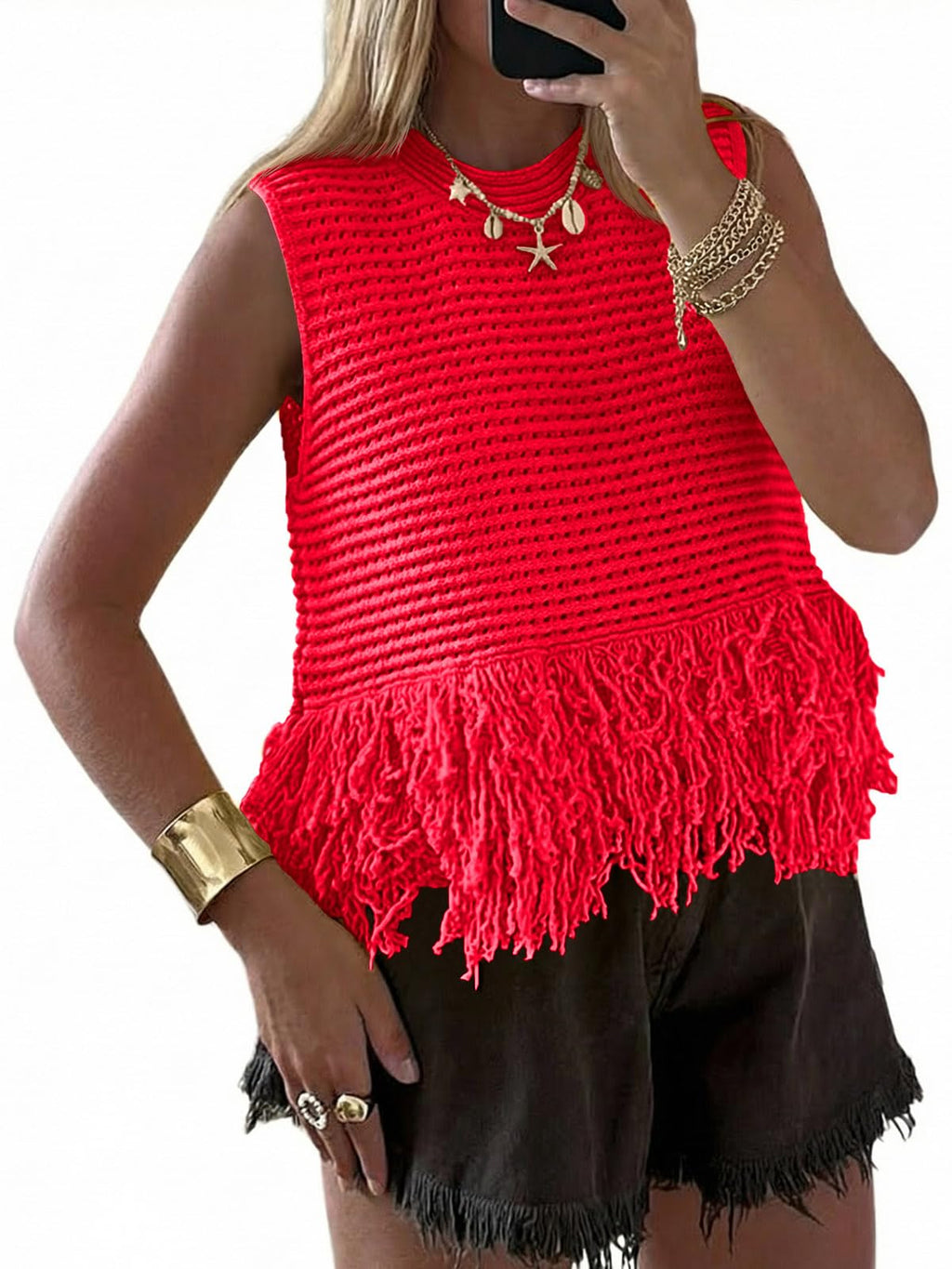 Saodimallsu Womens Crochet Crop Tank Tops Fringe Boho Summer Sweater Vest | Sleeveless,Crew Neck,Soft Knit,Summer Going Out Top,Resort Wear,Beach Vacation Outfits,Spring Fashion