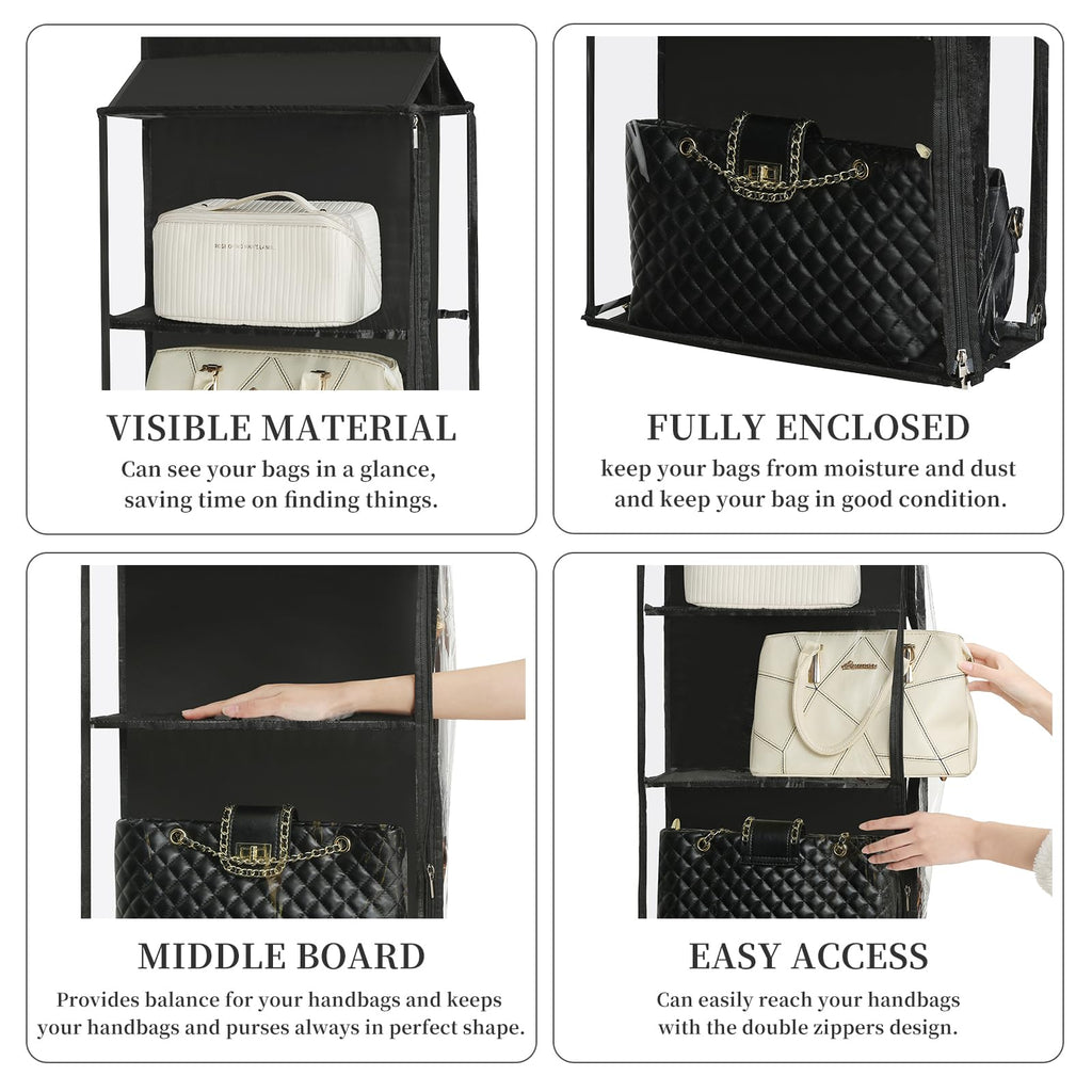 8 Grids in 1 Rotatable Hanging Purse Handbag Organizer with Double Zippers, Visible Purse Organizer for Closet, Fully Enclosed Handbag Storage Holder