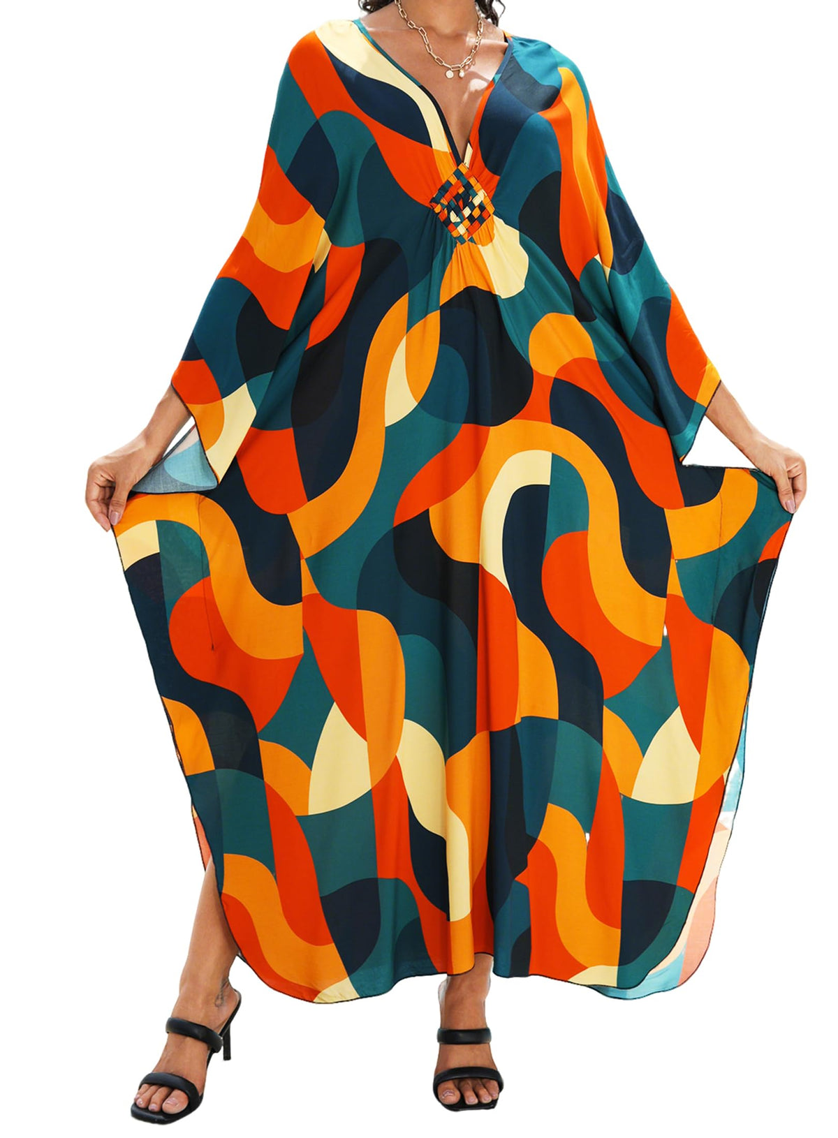 Yanziliu Kaftan Dress for Women,Plus Size Hawaiian Batwing Sleeve Beach Cover Up Summer Swimsuit Dresses