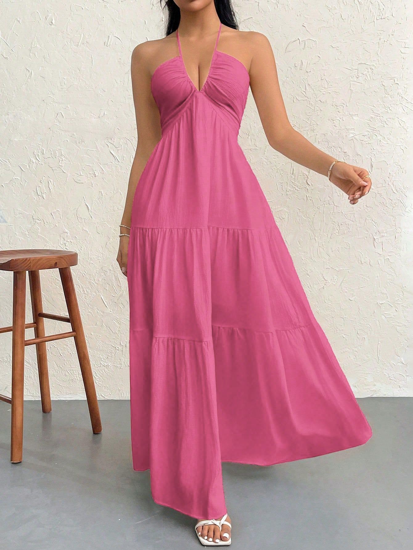 Narecte Women's Maxi Summer Dresses Halter V Neck Beach Dresses for Women A-Line Casual Dress for Vacation