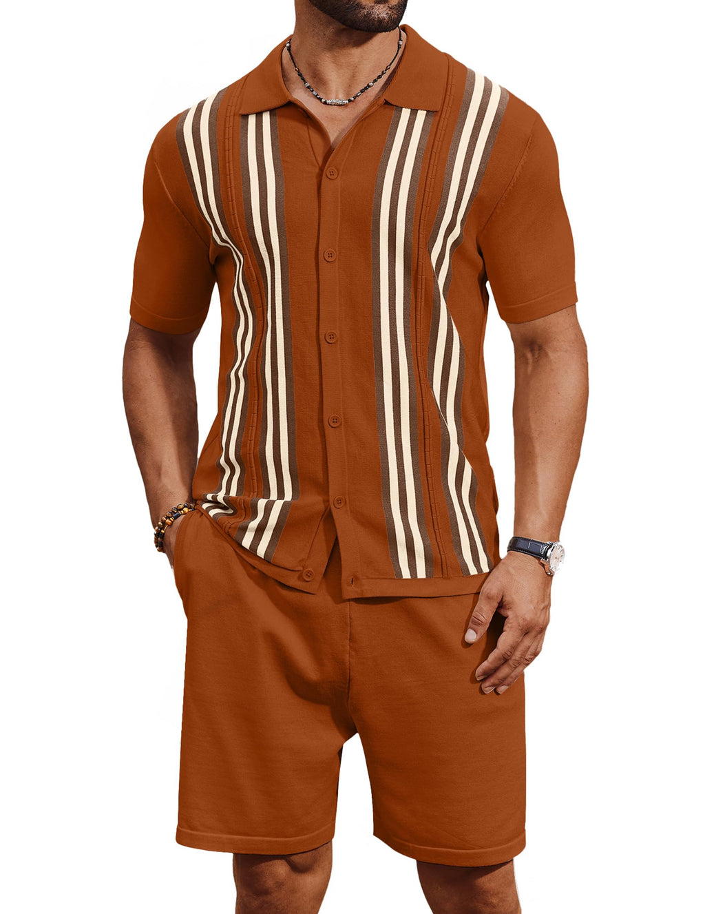 COOFANDY Men's 2 Piece Outfits Summer Short Sets Vintage Knit Button Down Shirt Short Sleeve Polo Casual Beach Suits
