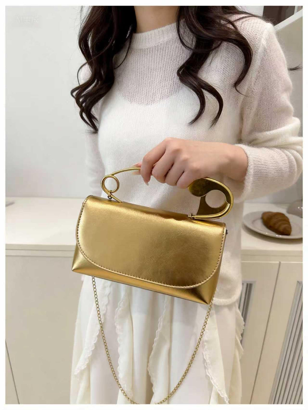 Women's Unique Safety Pin Crossbody Purse | Leather Clutch Bag Gold Handles Chain novelty clutch