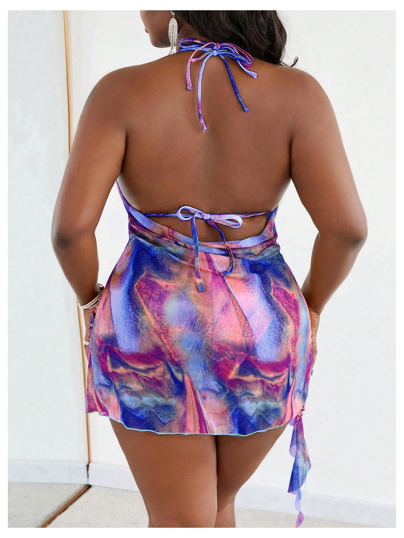 SHENHE Women's Plus Size 3 Piece Swimsuits Triangle High Cut Bikini Set with Cover Up Ruffle Dress