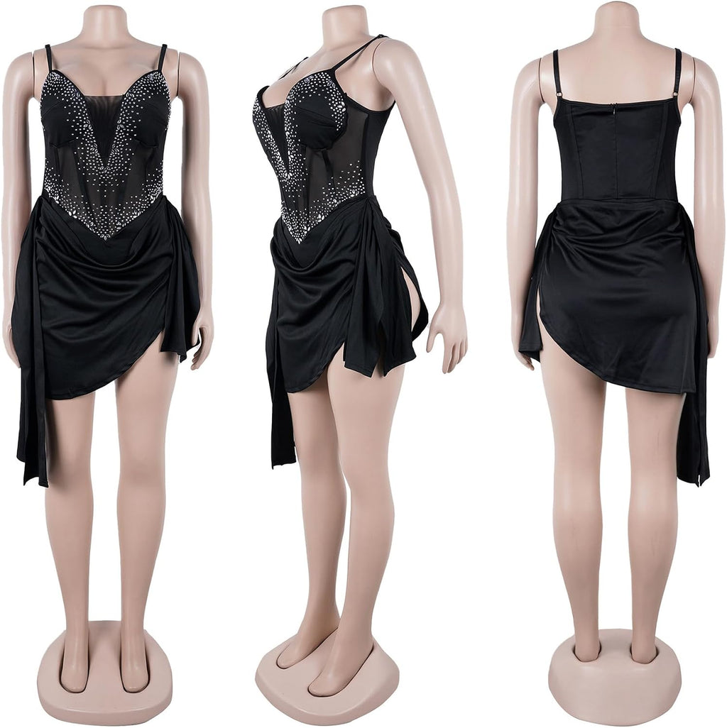 Geulis Women Rhinestone Mini Birthday Dresses Mesh Bodysuit Bodycon Dress | Sexy Sheer Bustier Corset, Asymmetrical Draped Skirt, Sparkly Clubwear for Birthday, Prom, Cocktail and Night Out