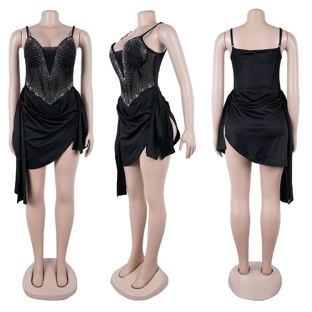 Geulis Women Rhinestone Mini Birthday Dresses Mesh Bodysuit Bodycon Dress | Sexy Sheer Bustier Corset, Asymmetrical Draped Skirt, Sparkly Clubwear for Birthday, Prom, Cocktail and Night Out