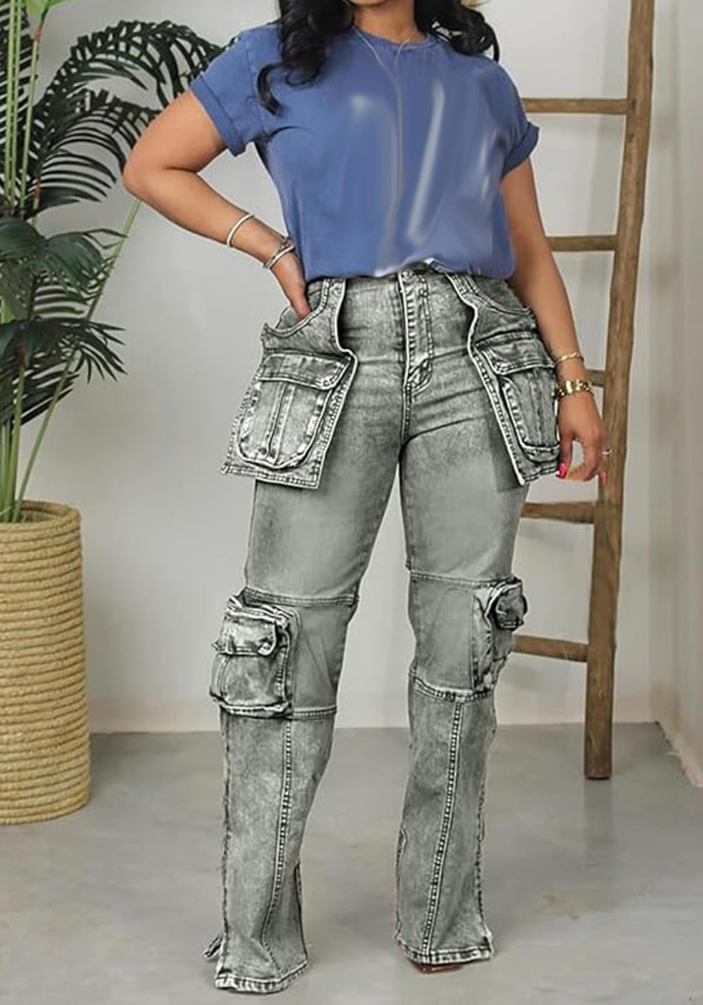 Women's Novelty Fashion Zip Side Slit High Waist Denim Jeans Pants with Multi Pockets