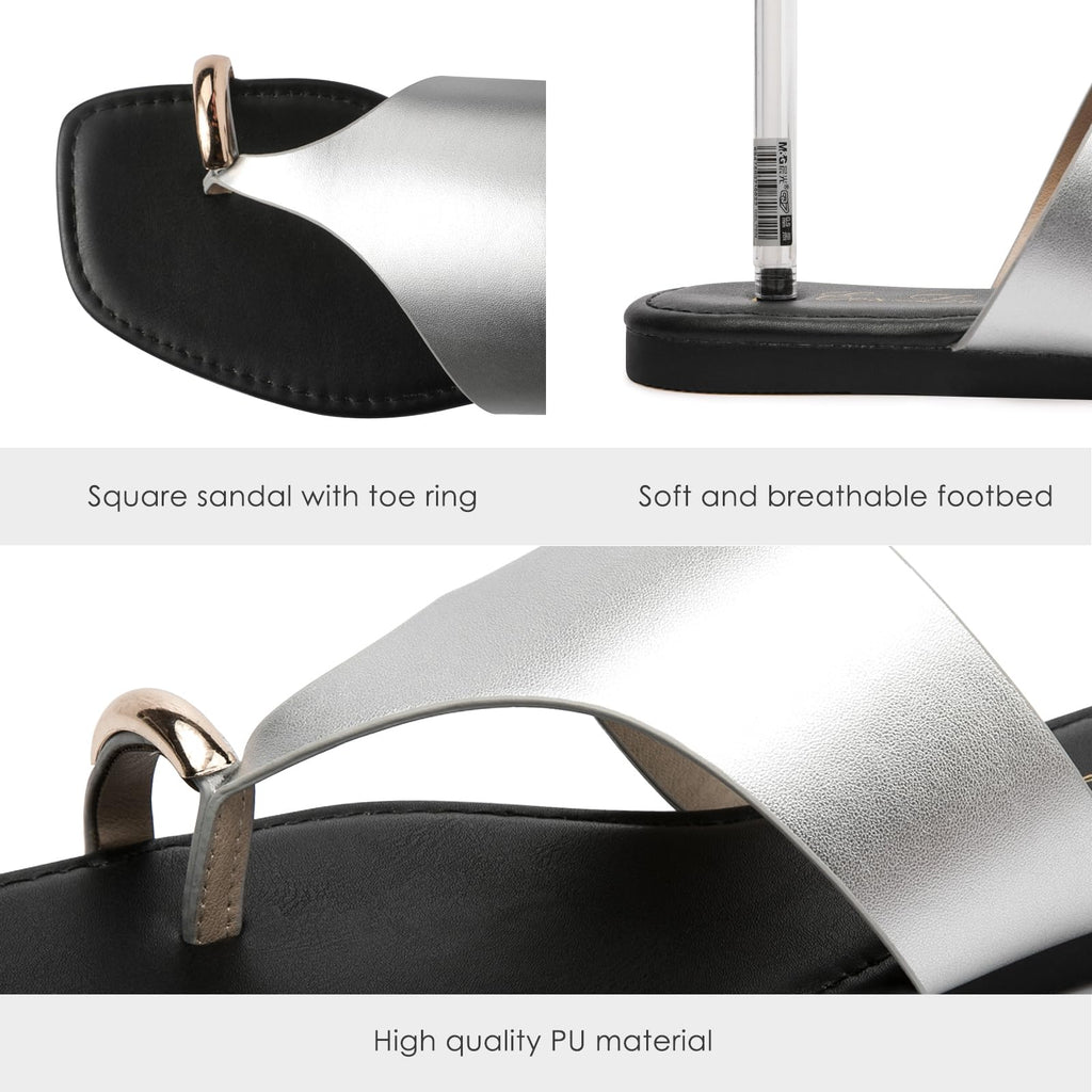 Eozlink Women's Toe Ring Flat Sandals, Slip On Dressy Summer Slides | PU Upper with Square Toe and Metal Accent for Resort and Casual Outfits