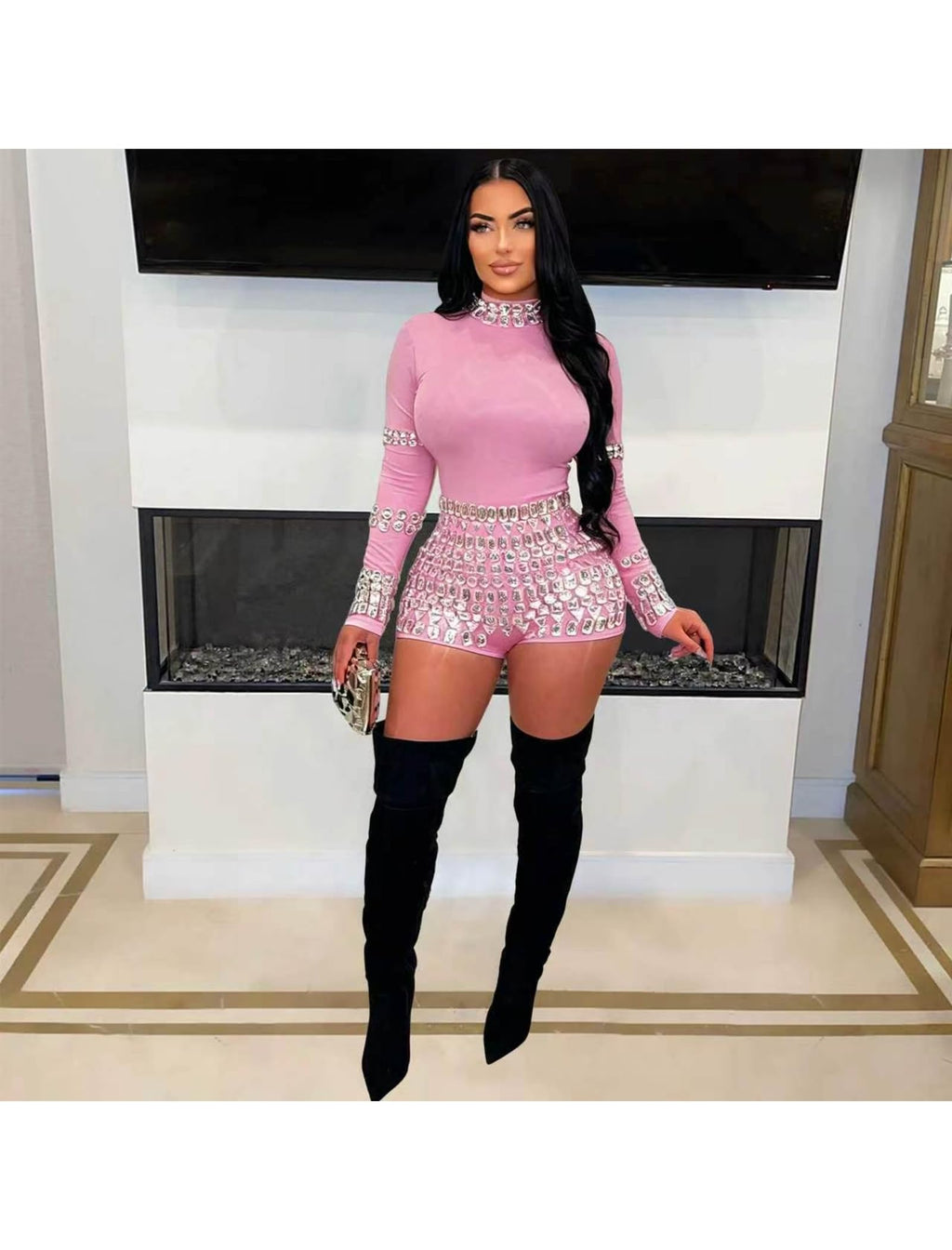 chicyes Women's Jumpsuits Sexy Long Sleeve Date Night Rompers Rhinestone Sparkly Party Club Spring Outfits Fall Concert