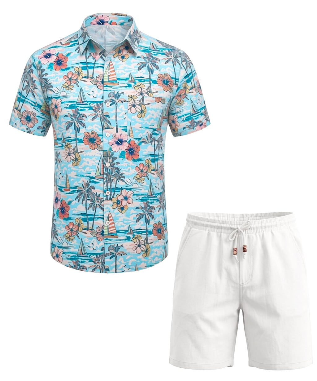JEMLDL Men's Hawaiian 2 Piece Outfits Floral Button Down Shirts & Linen Shorts Sets Summer Beach Travel Clothes