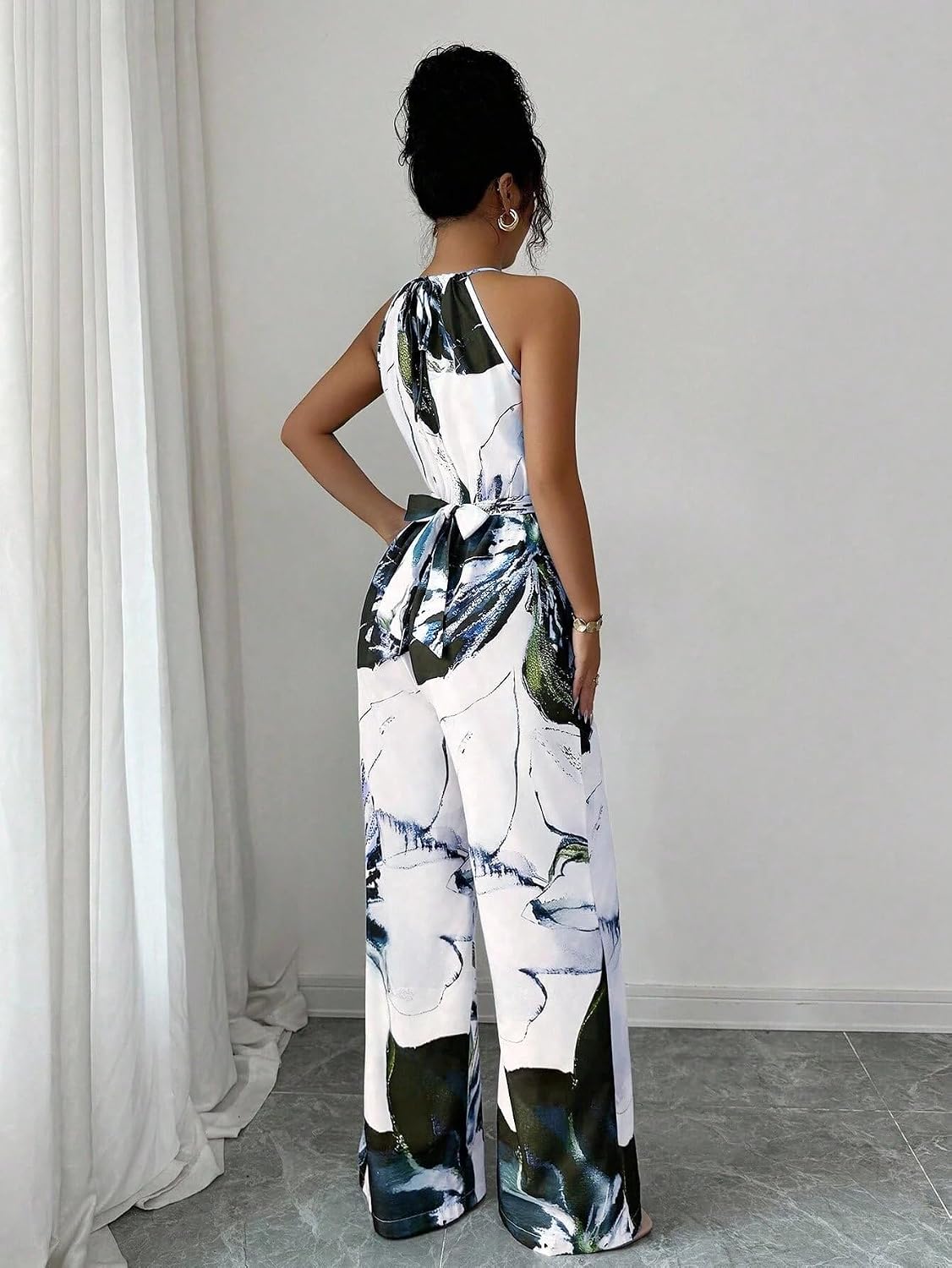 Lounge Print Jumpsuit For Women Sleeveless Halter Neck Wide Leg Pants One Piece Outfit Fashion Street Going Out Set