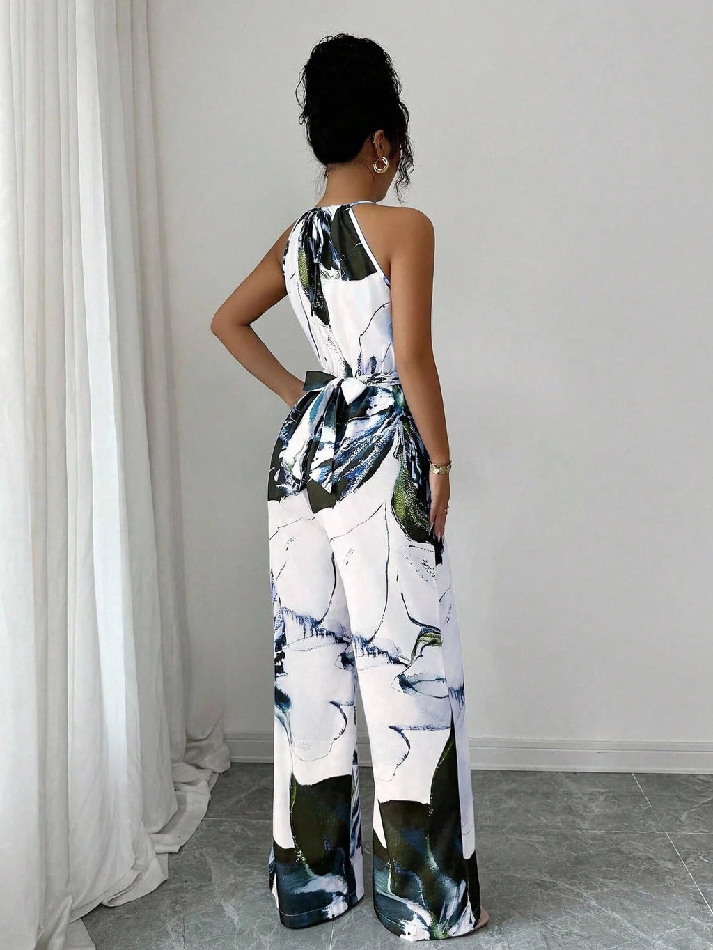 Lounge Print Jumpsuit For Women Sleeveless Halter Neck Wide Leg Pants One Piece Outfit Fashion Street Going Out Set