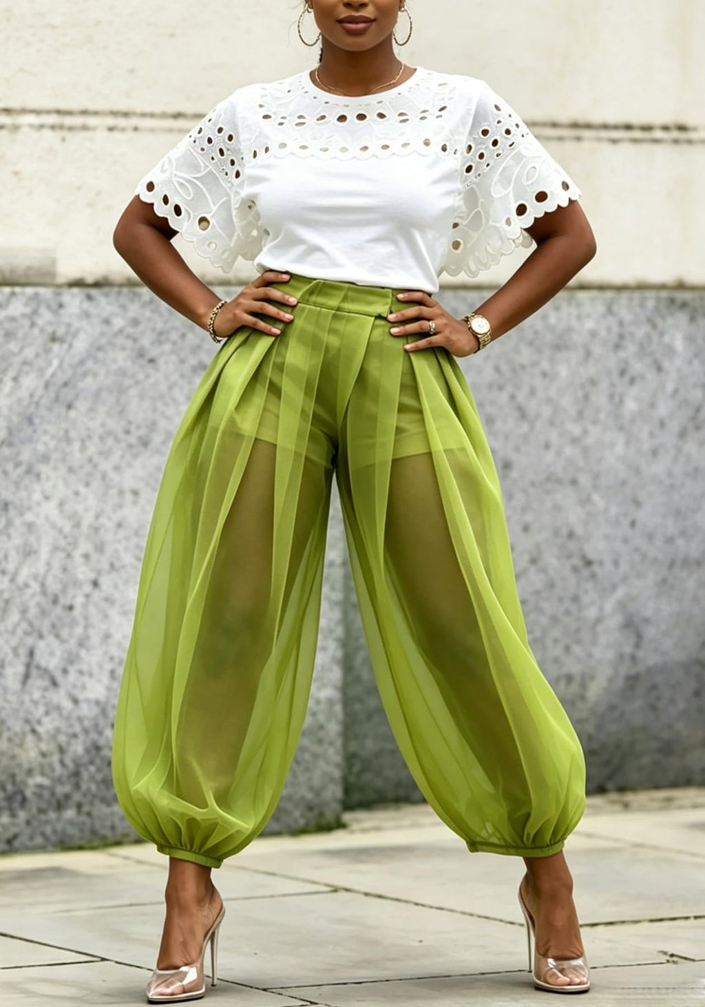 Molisry Women Sheer Mesh Pants Bubble Tulle Patchwork Pants Balloon Trouser | Loose Fit Cover Up Trousers,Built In Shorts Lining