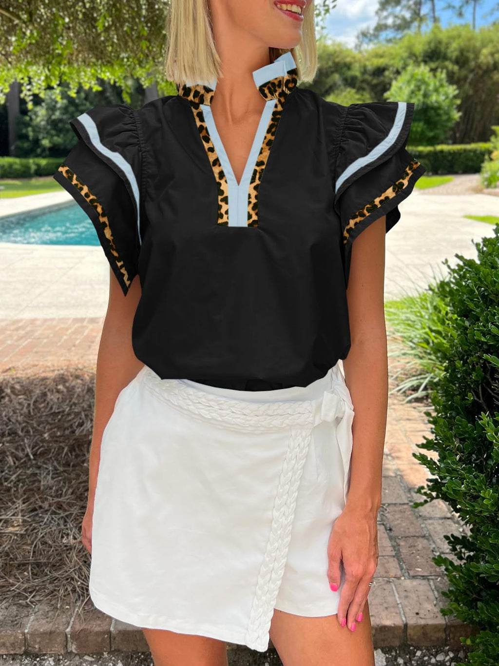 Cicy Bell Womens Ruffle Cap Sleeve Tops Summer V Neck Dressy Casual Blouses | Color Block, Boutique Tops, Pleated Shirt, Loose Fit, Wear to Work, 2026 Fall Outfits