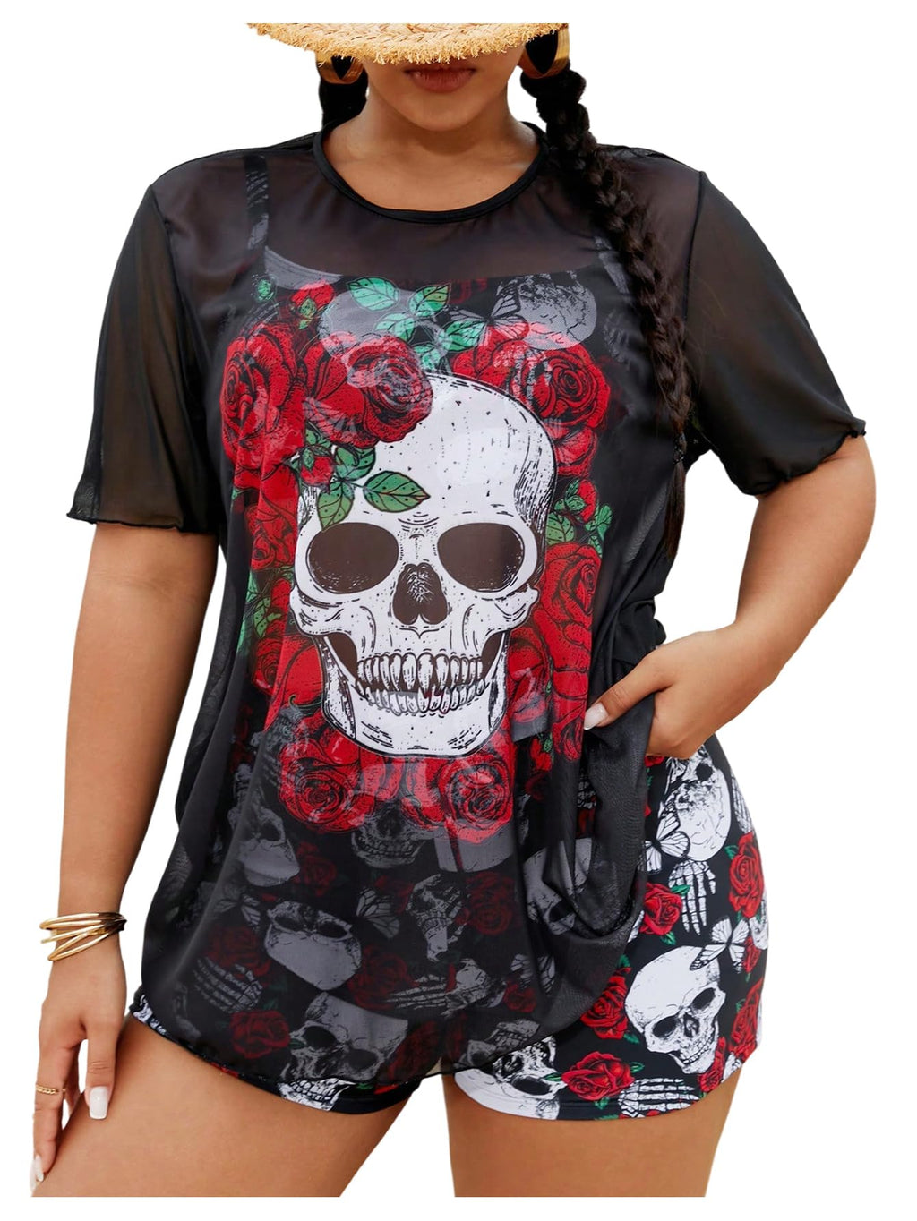 Women's 3 Piece Plus Size Swimsuit Tankini Shorts Set High Waisted Bathing Suit Graphic Beachwear with Mesh Cover Up
