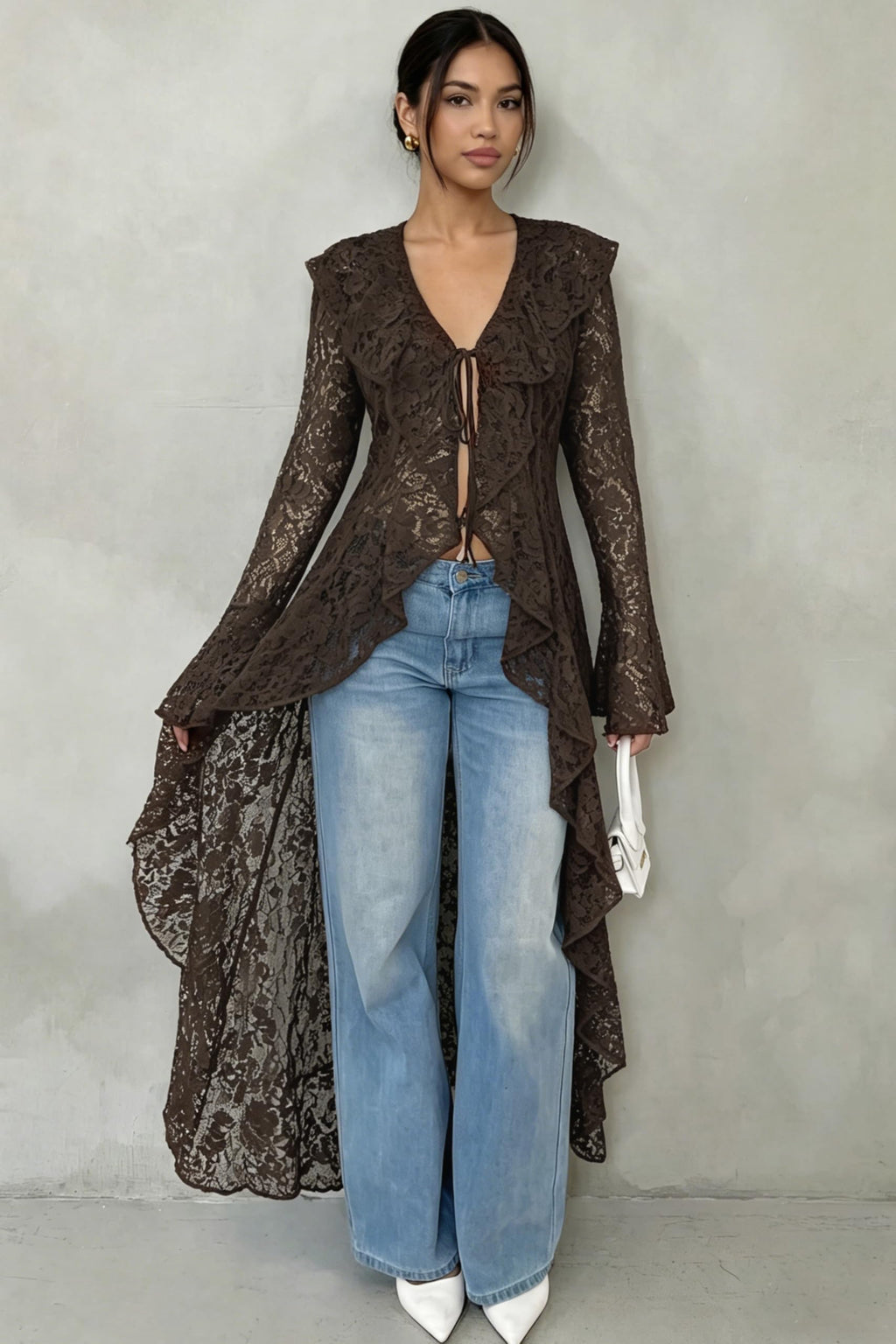 Lace Cardigan for Women Maxi Summer Lightweight Open Front Tie Bell Long Sleeve Ruffled Tops Duster Swimsuit Cover Up