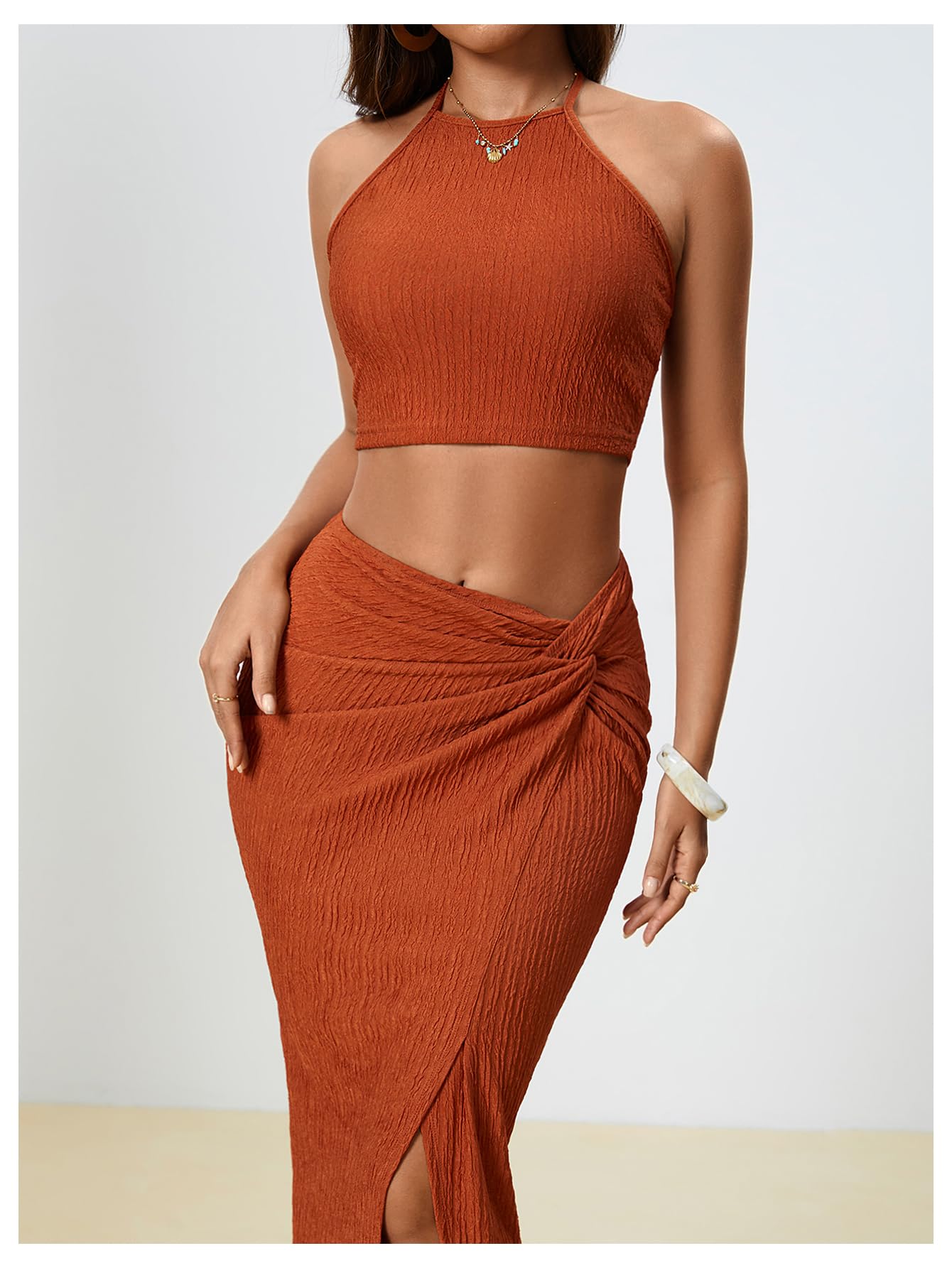 BEAUDRM Women's 2 Pieces Summer Outfits Textured Halter Crop Top and Split Maxi Skirt Set S Going Out Beach Vacation Outfits