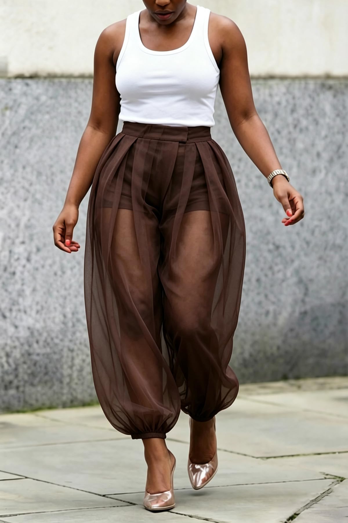 Molisry Women Sheer Mesh Pants Bubble Tulle Patchwork Pants Balloon Trouser | Loose Fit Cover Up Trousers,Built In Shorts Lining