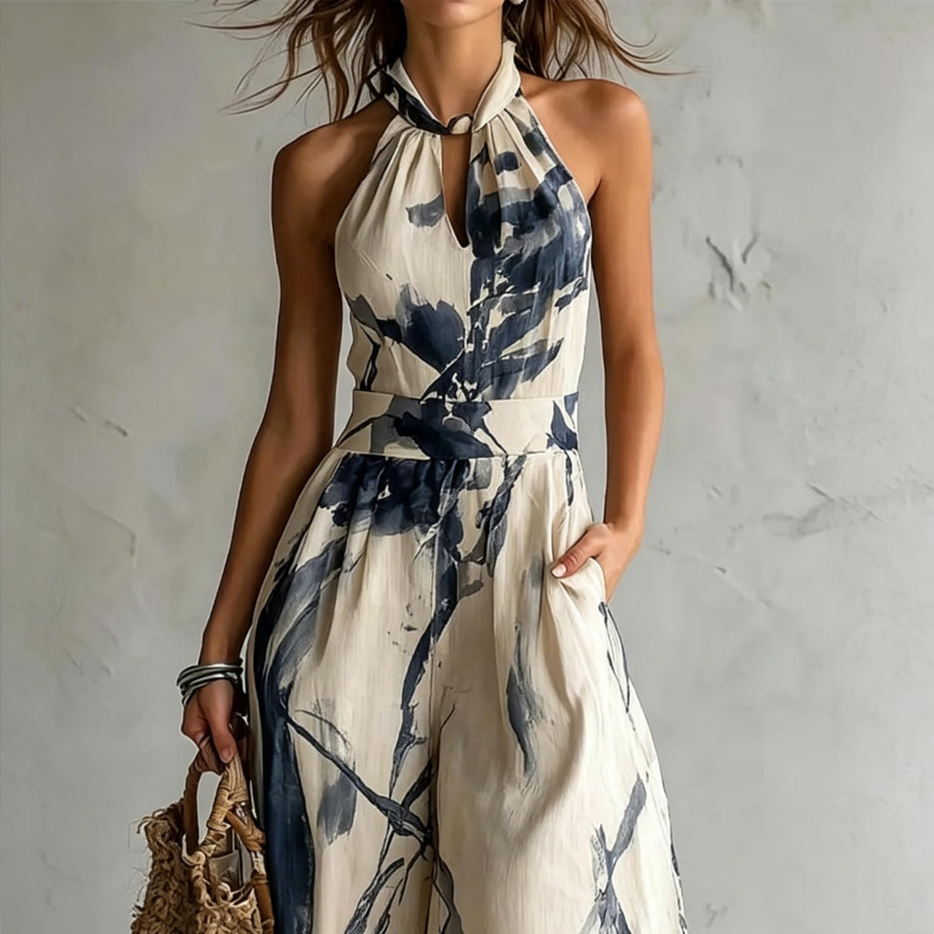 Backless Rompers for Women Casual Ink Printed Sleeveless High Waist Wide Leg Jumpsuit Sexy Halter Boho Vacation Party Outfits