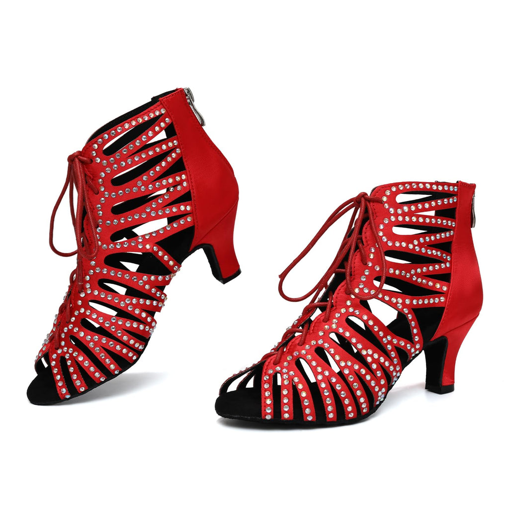 HIPPOSEUS Women's Rhinestone Latin Dance Boots | sparkly and smooth,open toe,lace-up,ankle ballroom dance shoes