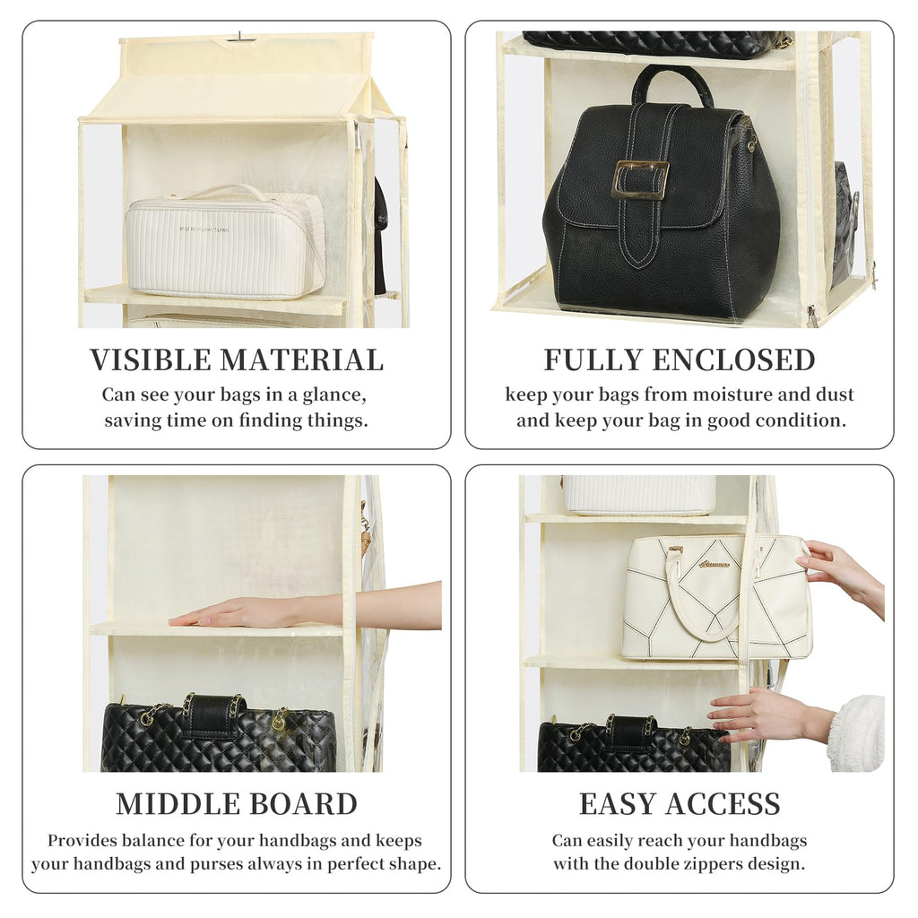 8 Grids in 1 Rotatable Hanging Purse Handbag Organizer with Double Zippers, Visible Purse Organizer for Closet, Fully Enclosed Handbag Storage Holder