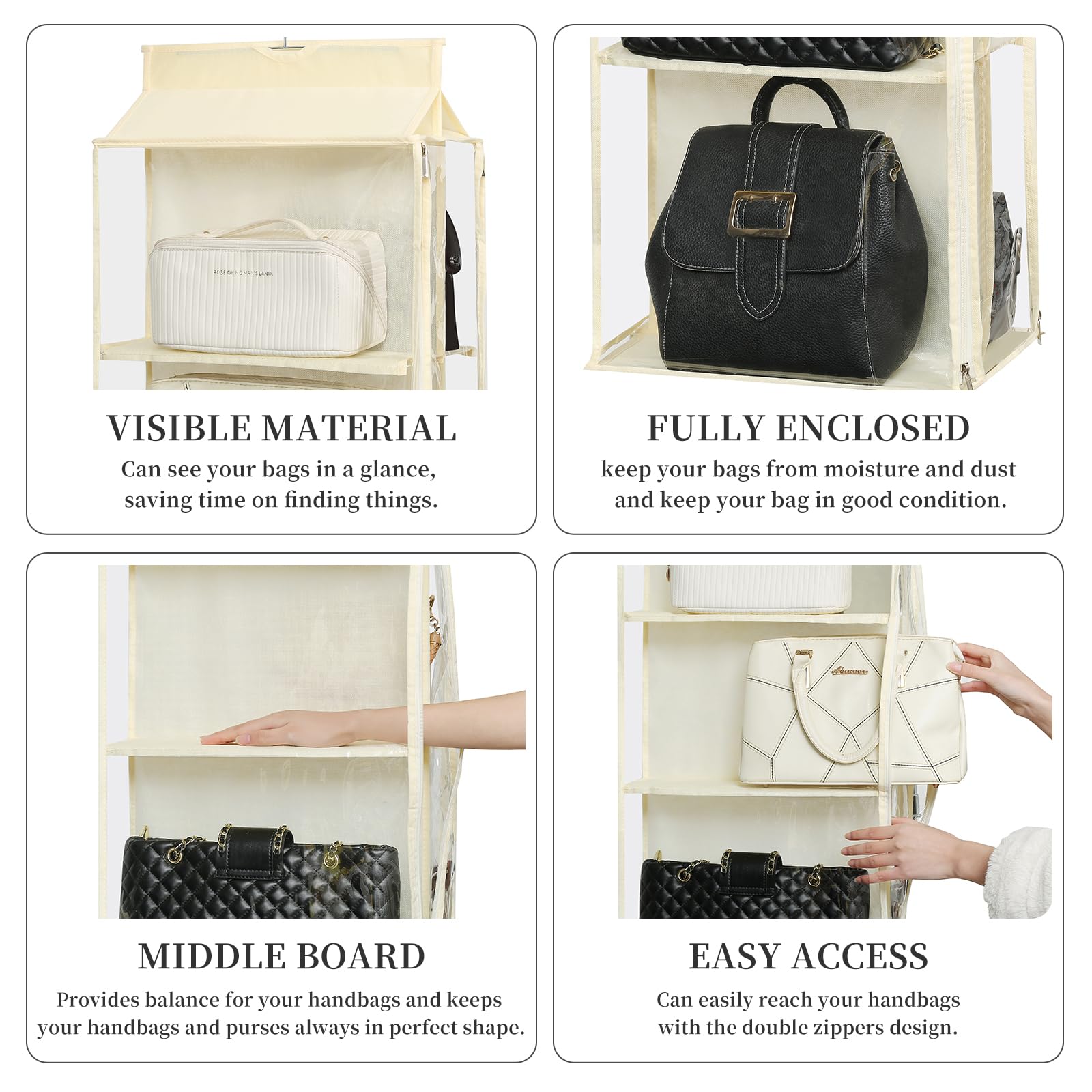 8 Grids in 1 Rotatable Hanging Purse Handbag Organizer with Double Zippers, Visible Purse Organizer for Closet, Fully Enclosed Handbag Storage Holder