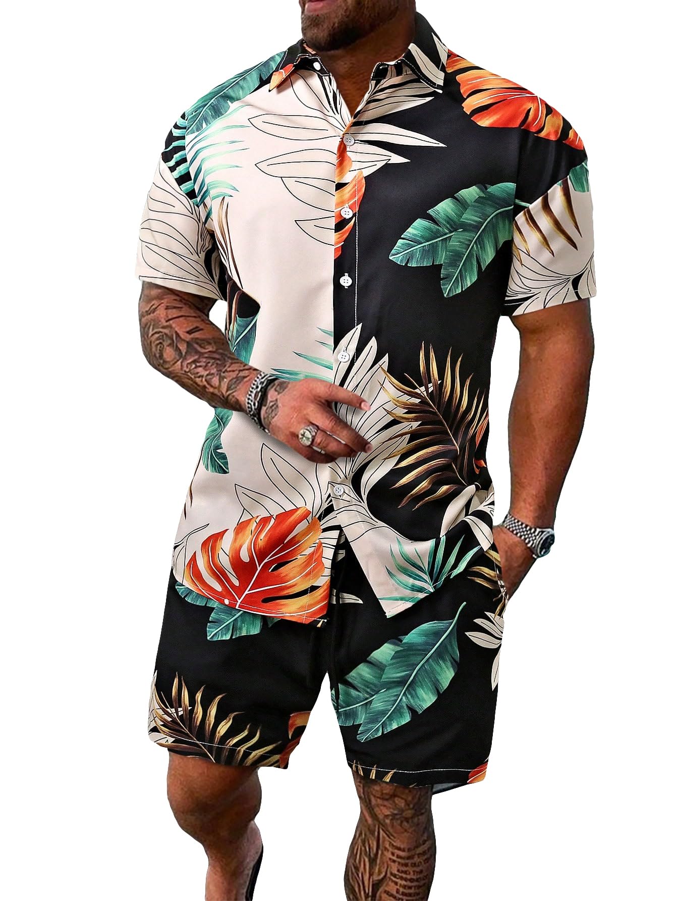 GORGLITTER Men's Cruise Rave Vacation Matching Outfits 2 Piece Short Sets | Mens Summer Beach Outfits, 2 Piece Shorts Set, Couples Travel Outfits, Hawaiian Shirts