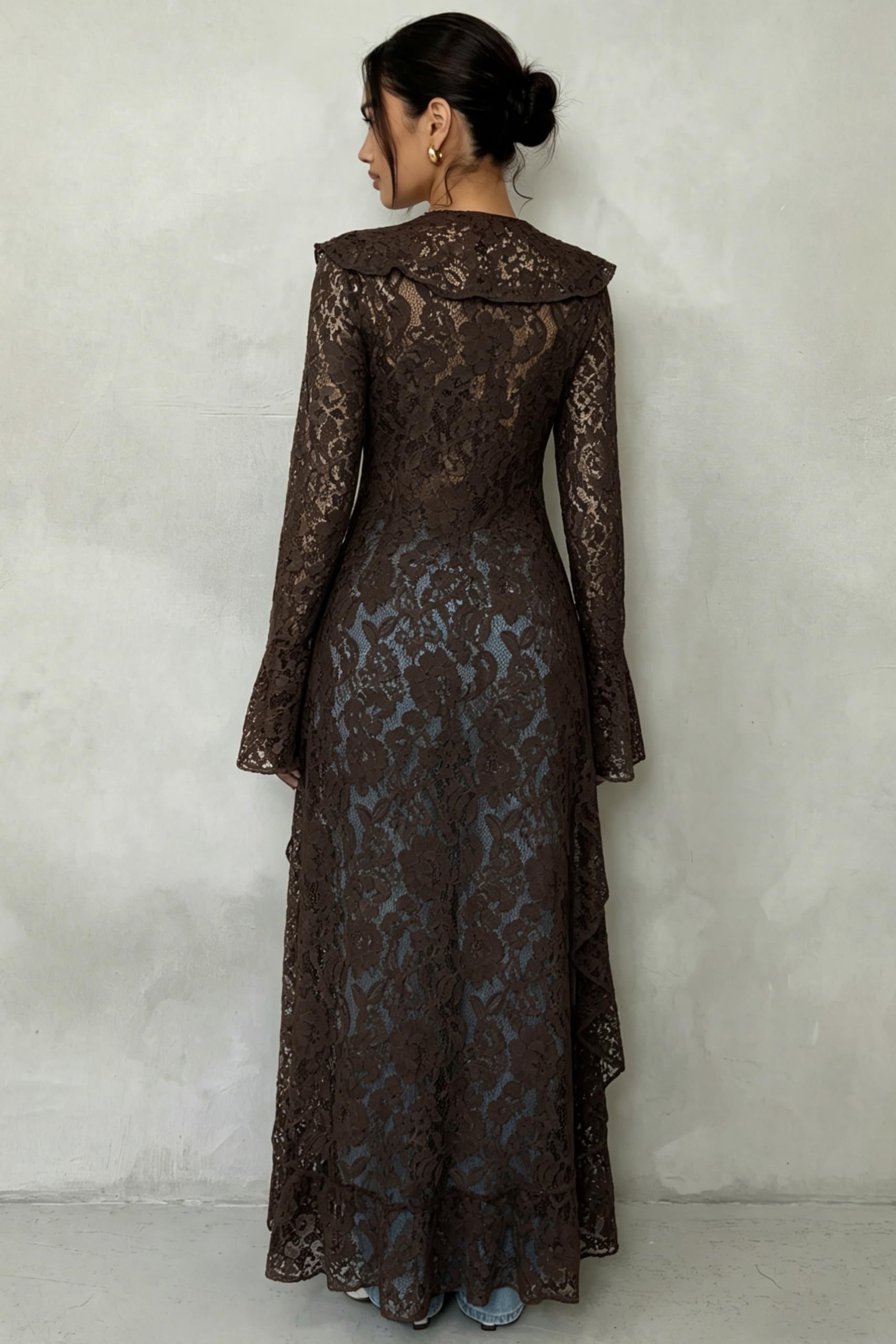 Lace Cardigan for Women Maxi Summer Lightweight Open Front Tie Bell Long Sleeve Ruffled Tops Duster Swimsuit Cover Up