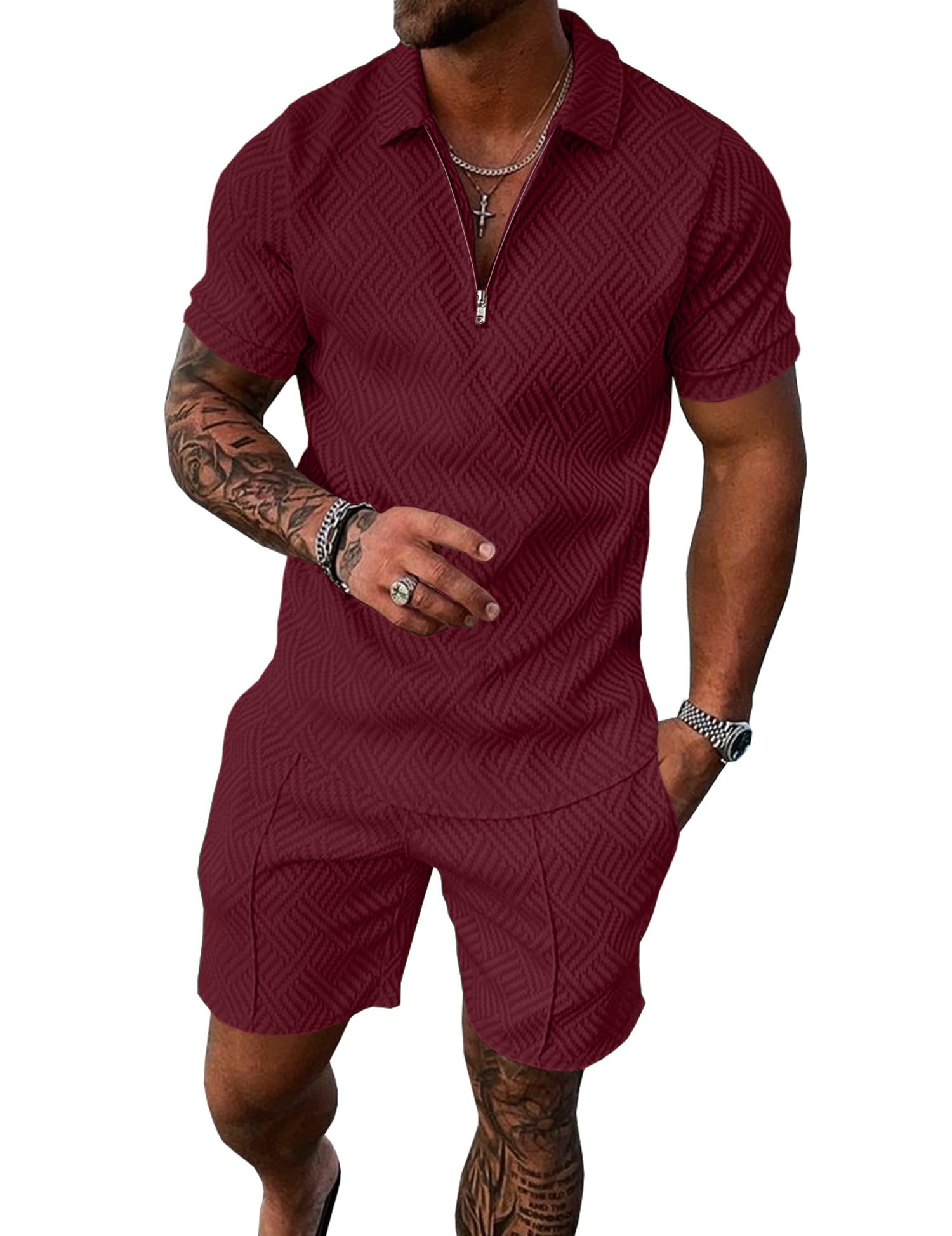Mens Summer Track Suits 2 Piece Shorts Sets Short Sleeve Sweatsuit Outfits 1/4 Zip Golf Polo Shirts Loungewear
