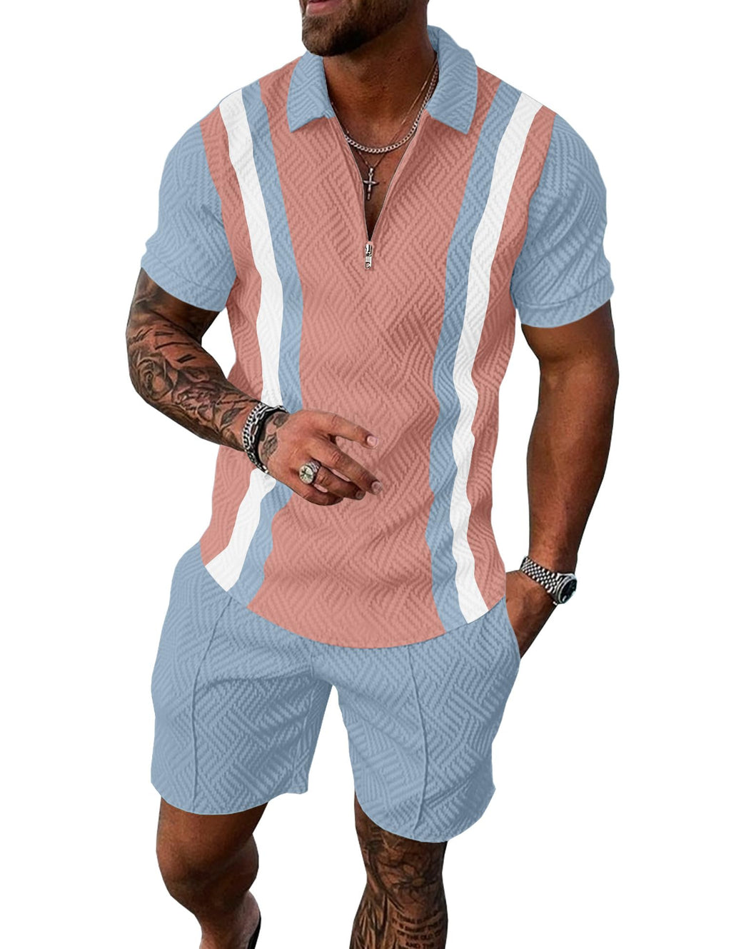 Mens Summer Track Suits 2 Piece Shorts Sets Short Sleeve Sweatsuit Outfits 1/4 Zip Golf Polo Splicing Striped Shirts