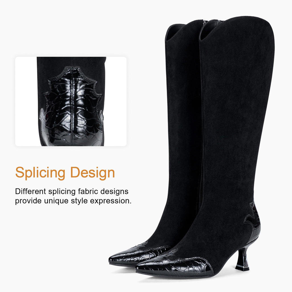 Vepose Women's Knee High Boots, Pointed Toe Kitten Heel Dress Boots | Riding tall boot style, low heel, side zipper, fashion silhouette, patchwork design, suit for jeans, skirts, nights out