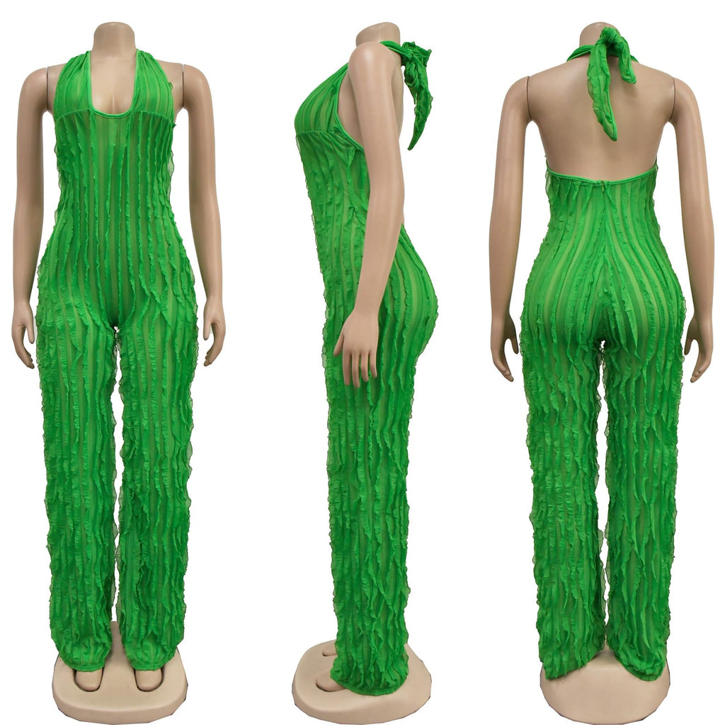 YBSKG Summer Halter Backless Jumpsuits for Women One Piece Wide Long Pants | Sexy See Through V Neck Tie Pleated One Piece Wide Leg Long Pants Romper