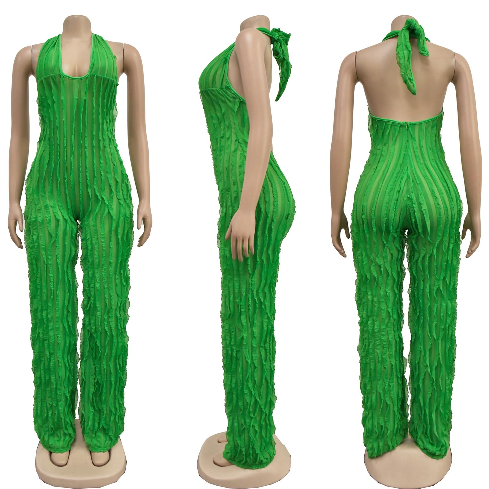 YBSKG Summer Halter Backless Jumpsuits for Women One Piece Wide Long Pants | Sexy See Through V Neck Tie Pleated One Piece Wide Leg Long Pants Romper