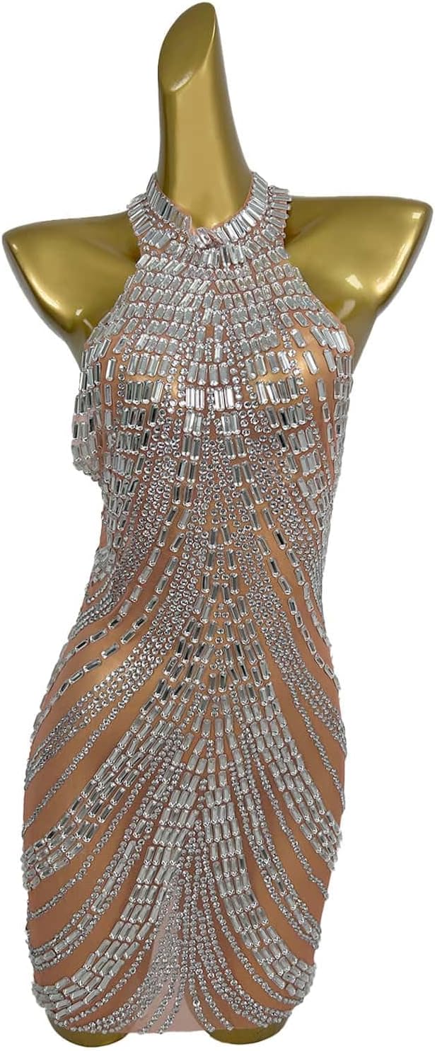 Women Rhinestones Short Prom Dress Nightclub Dancer Party Gowms Stage Performance Costume