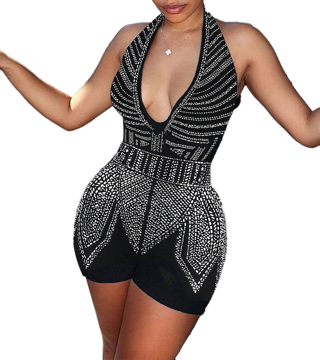 Nagfar Women Sexy Elegant Rhinestone Mesh See Through Bodycon Jumpsuits