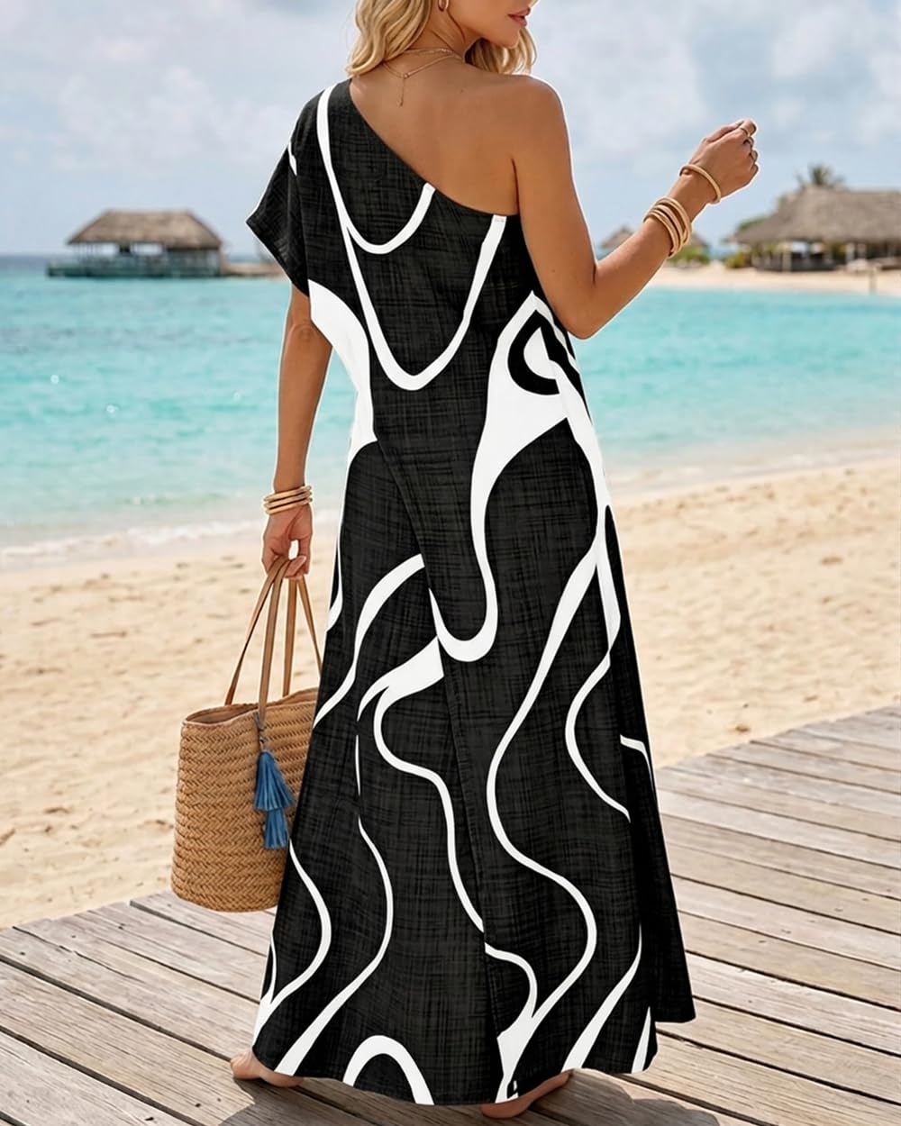 CHICME Maxi Dresses for Women Abstract Print Summer Dress | Womens Summer Dresses, One Shoulder Boho Dress with Pockets, Faux 2 Piece Casual Dresses, Vacation, Beach Dress Wedding Guest