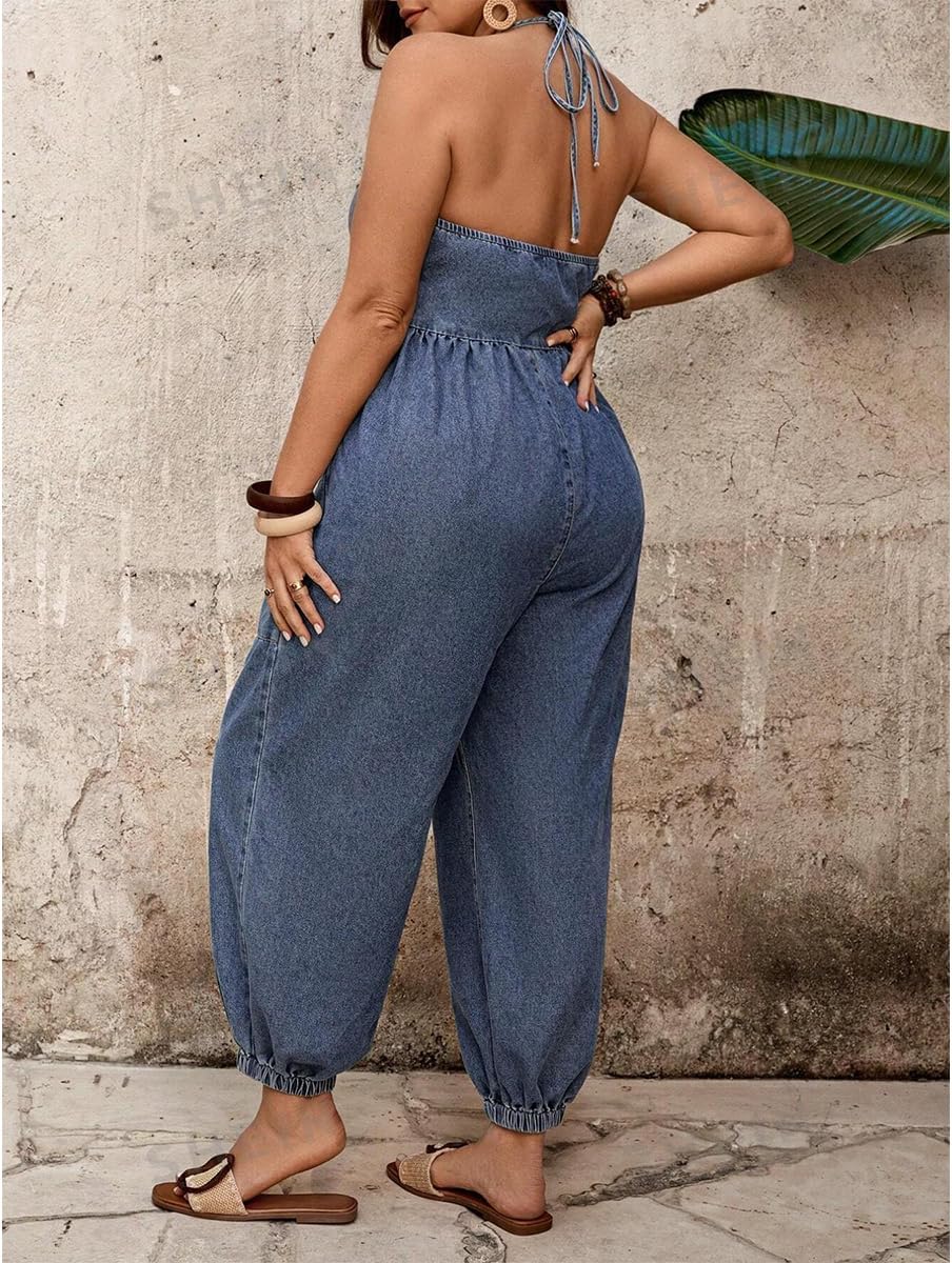 Women's Halter Tie Backless Sleeveless V Neck Baggy Jogger Denim Jumpsuit Casual One Piece Pant Outfit