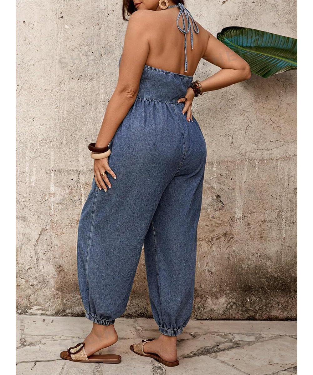 Women's Halter Tie Backless Sleeveless V Neck Baggy Jogger Denim Jumpsuit Casual One Piece Pant Outfit
