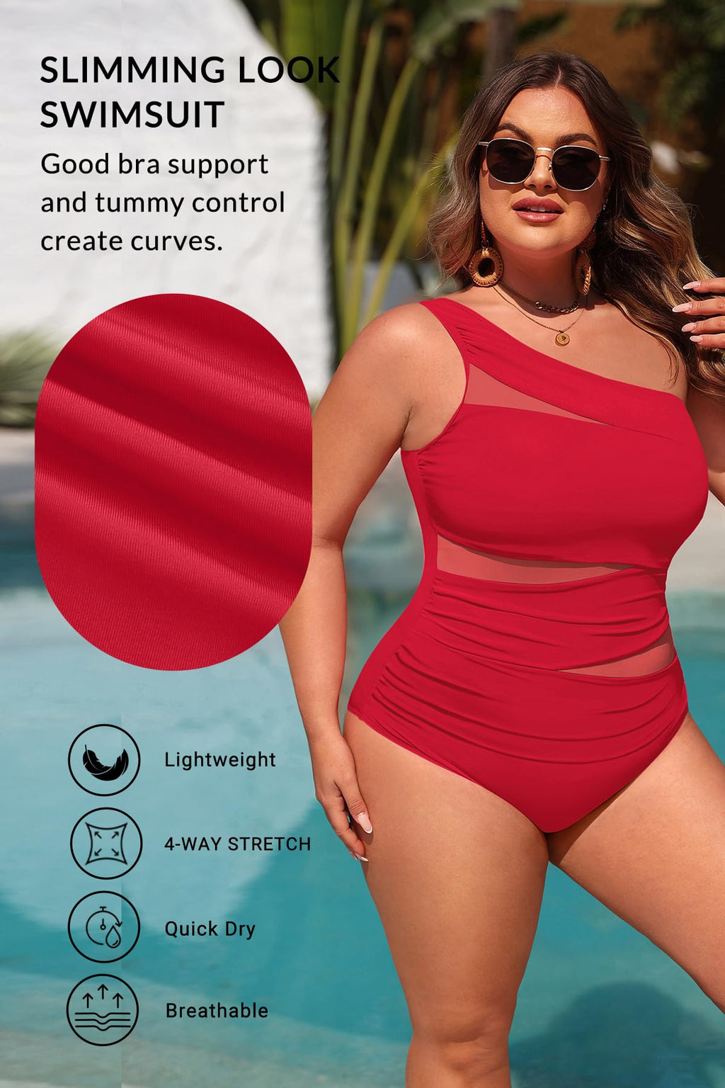 Plus Size One Piece Swimsuit for Women - One Shoulder Bathing Suit | Removable and Adjustable Strap, Detachable pads, Flatter midsection via front mesh, Drape diagonal folds to hide bulk