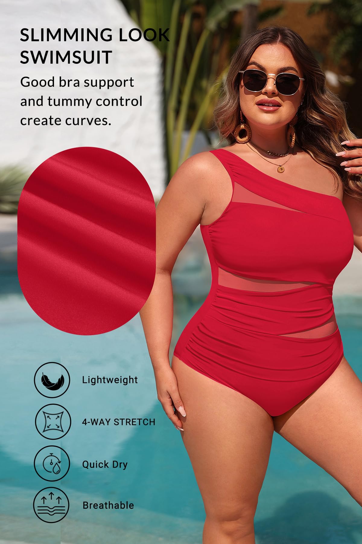 Plus Size One Piece Swimsuit for Women - One Shoulder Bathing Suit | Removable and Adjustable Strap, Detachable pads, Flatter midsection via front mesh, Drape diagonal folds to hide bulk