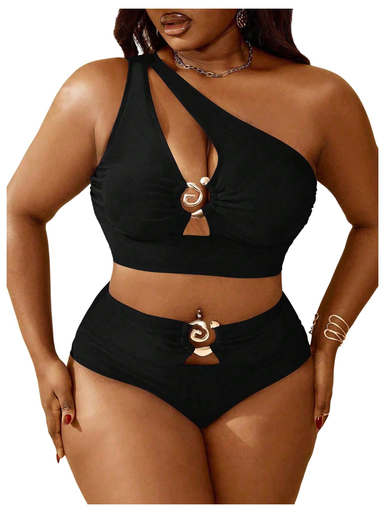 SOLY HUX Women's Plus Size Swimsuit One Shoulder Ring Bikini Sets | High Waist Cut Out Two Piece Bathing Suits, Curvy Summer Beach Vacation Swimwear