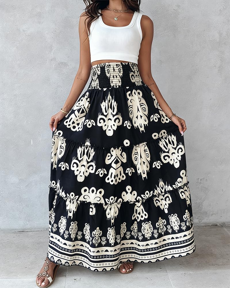 CHICME Women's Boho Floral Summer Maxi Skirt with Pockets Vacation Outfit | Shirred High Waist, Ruffle Hem, Lightweight Comfortable Fabric, A-Line Long Flowy Skirt for Beach, Travel & Daily Wear