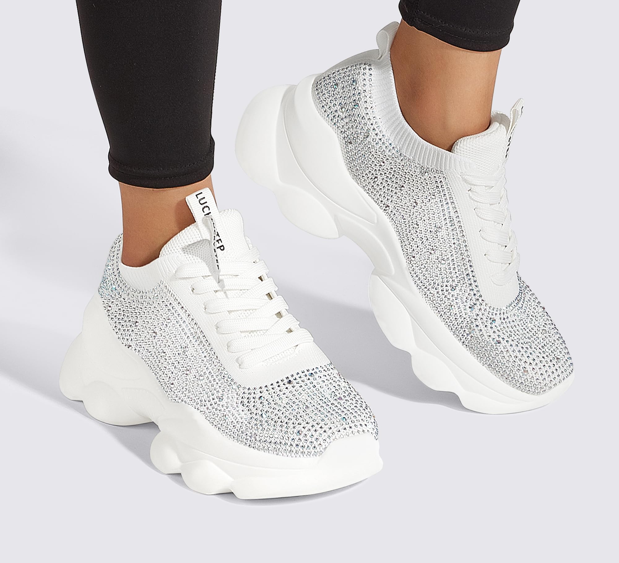 LUCKY STEP Women's Chunky Rhinestone Sneaker Sparkly Bling Bedazzled Mesh Slip on Elastic Sock Glitter Shiny Rave Walking Shoes